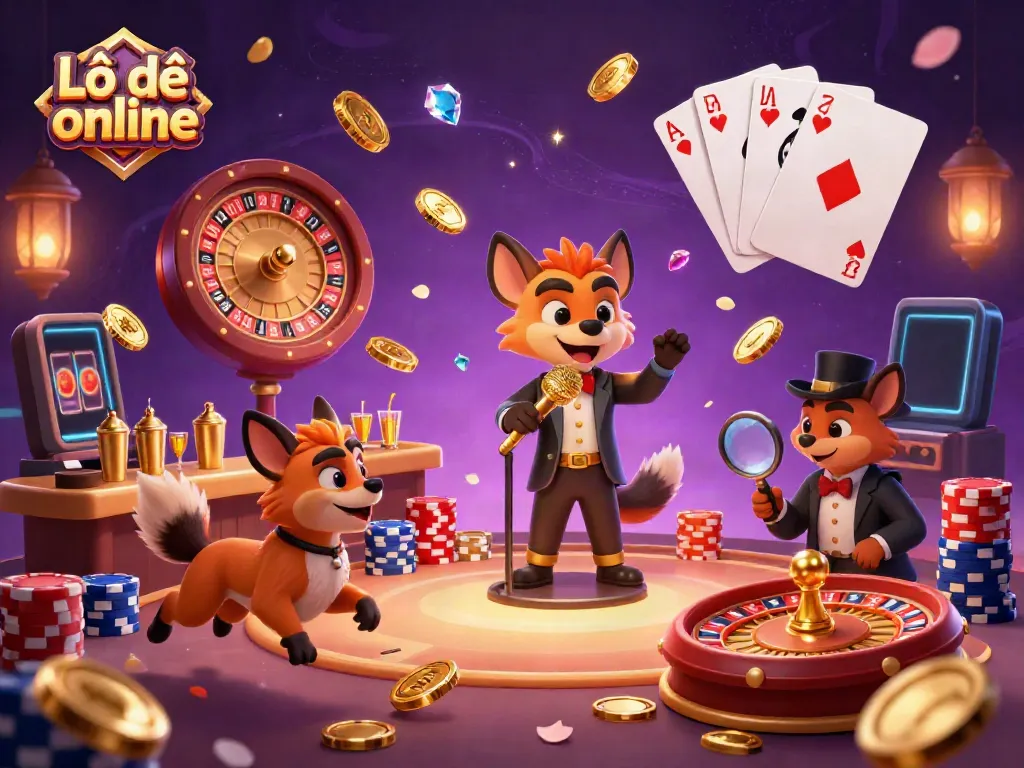 Experience Lô đề online with lively hyenas in a vibrant casino atmosphere featuring games and interactive elements.