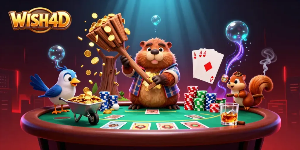 WISH4D showcases a lively 3D gambling scene with a beaver, bird, and squirrel amidst golden coins.