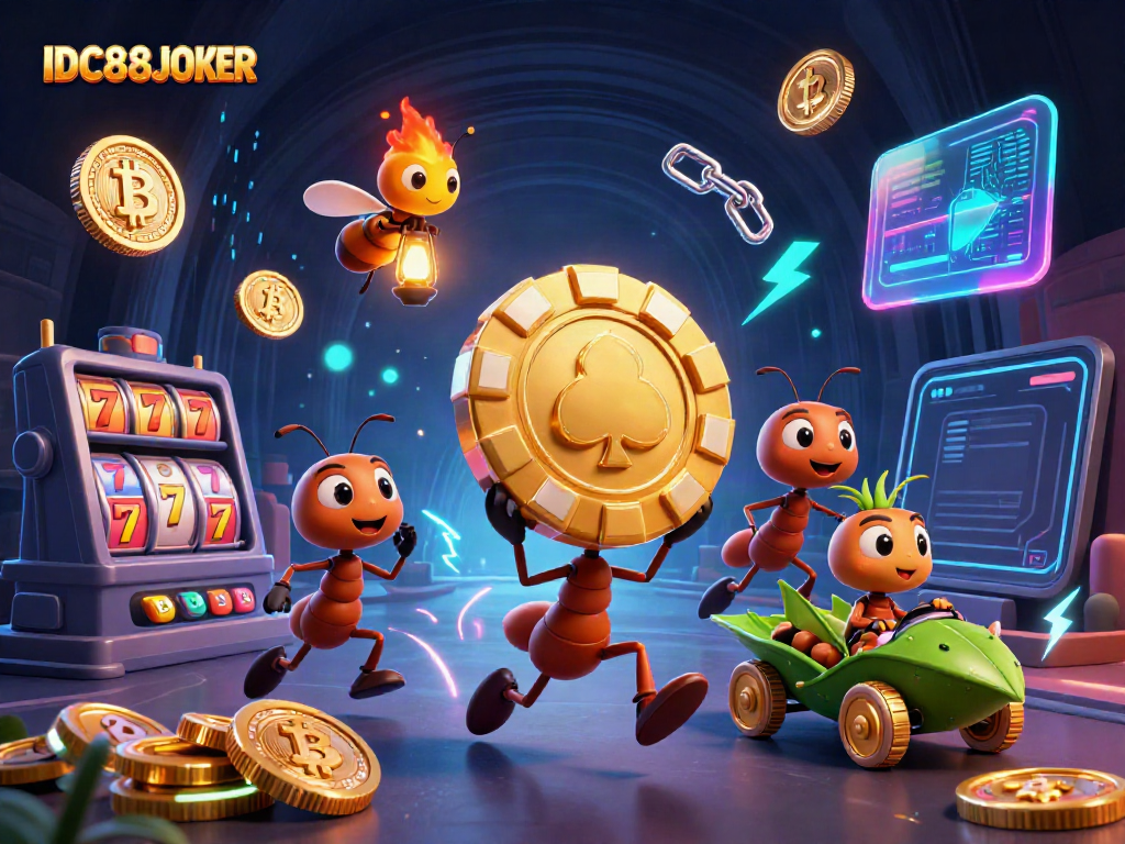 Watch ants executing a heist for a valuable poker chip at IDC88JOKER, surrounded by vibrant slot elements.