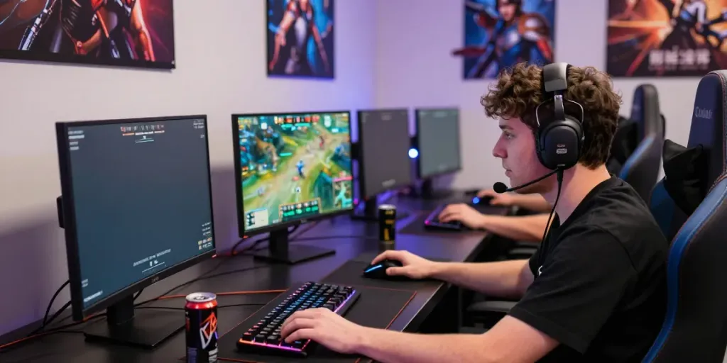 Esports player intensely focused during a gaming match at https://ku88vt.com/ with dynamic monitors and vibrant graphics.