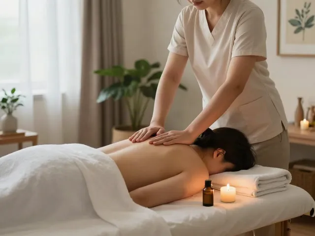 Soothing 오산출장마사지 in a tranquil room with candles and essential oils.