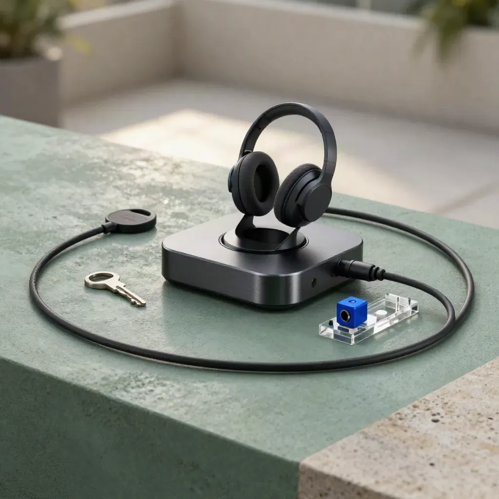 Matte-black chatbot toolkit with headset cradle, cables, and acrylic blocks on damp sage concrete.