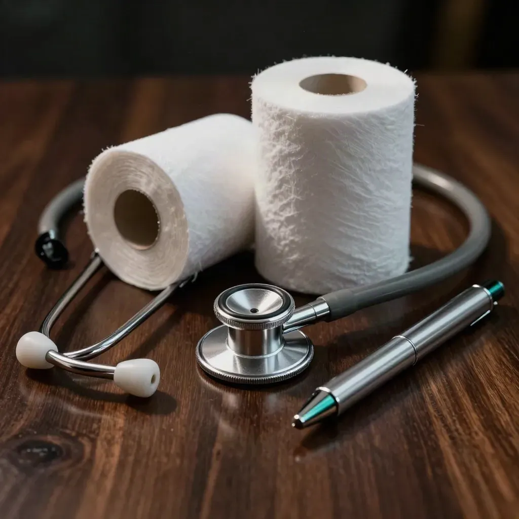 Stethoscope, gauze rolls, and a penlight on walnut in a dramatic clinic still life.