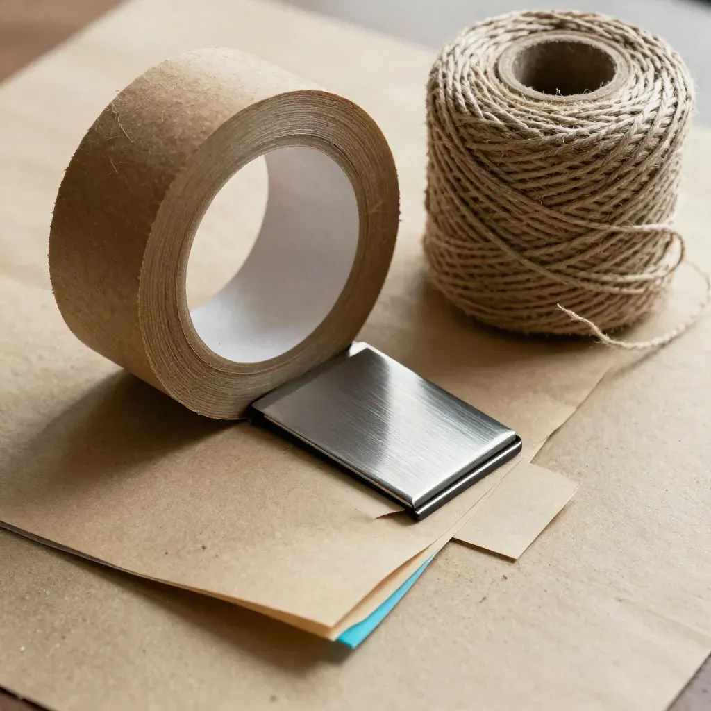Macro of packing tape, twine spool and metal label clip on a khaki shipping desk.