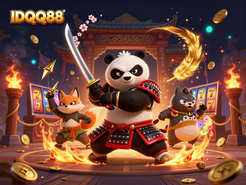 IDQQ88 features a dynamic scene with a fierce panda samurai, ninja fox, and tanuki, invoking thrilling casino energy.