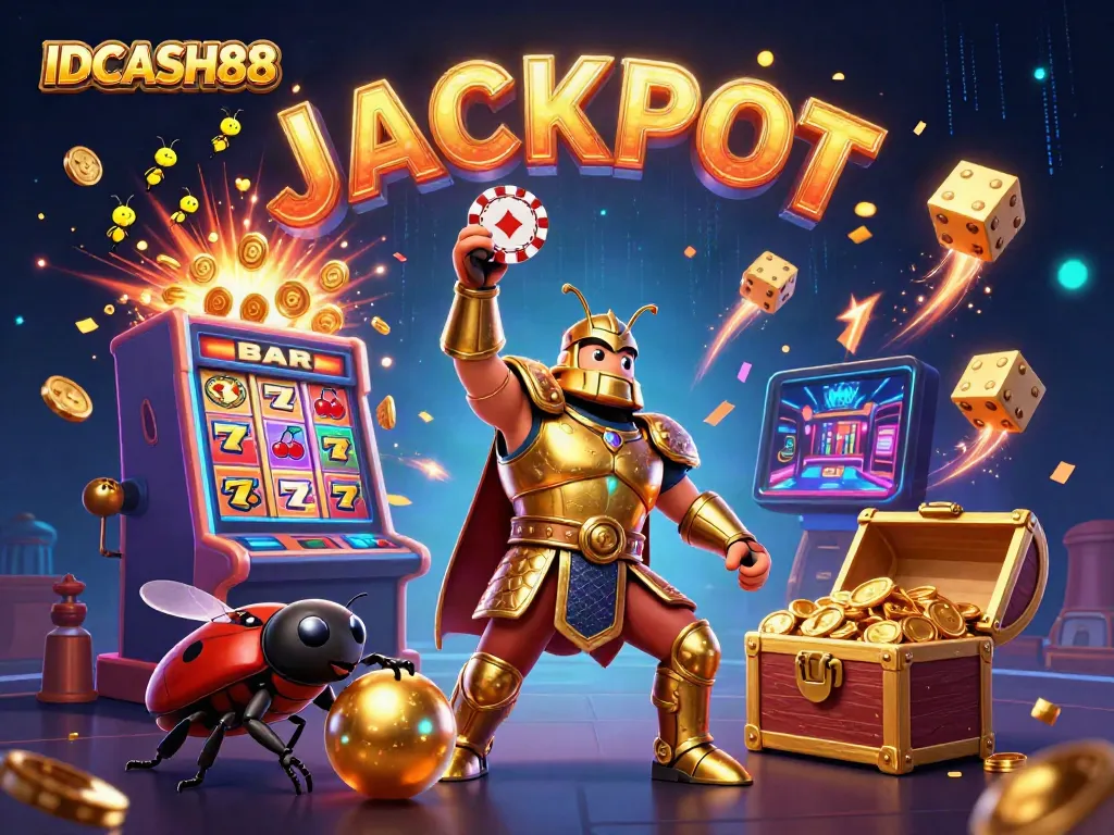 Experience the thrill of IDCASH88 with a stunning 3D beetle character celebrating a jackpot victory in a vibrant casino scene.