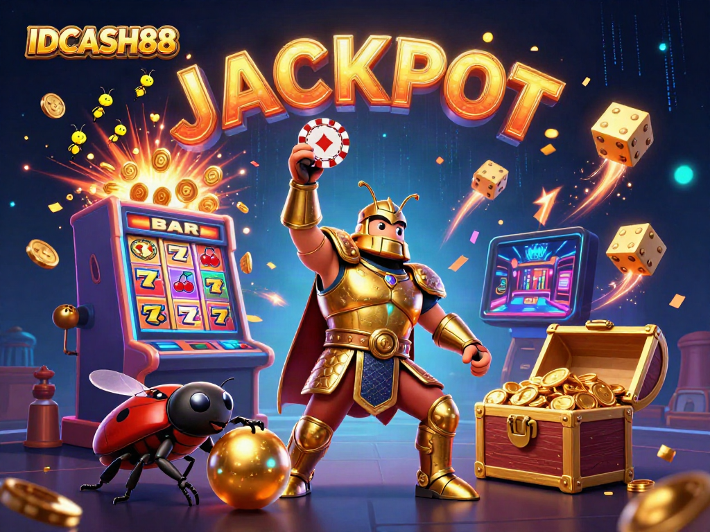 Experience the thrill of IDCASH88 with a stunning 3D beetle character celebrating a jackpot victory in a vibrant casino scene.