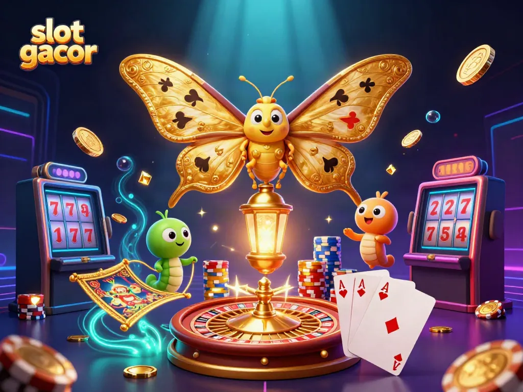 Experience thrilling slot gacor action with golden wings and casino elements in vibrant 3D illustration.