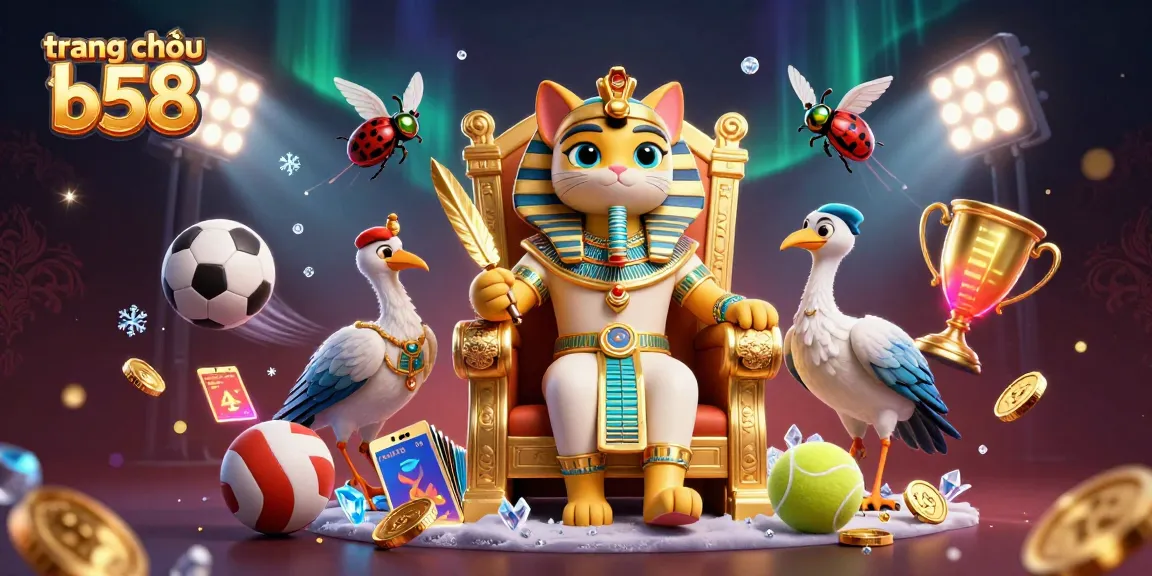 Experience action-packed gameplay with the vibrant and dynamic trang chủ b58 casino scene featuring Egyptian cat royalty and sports elements.