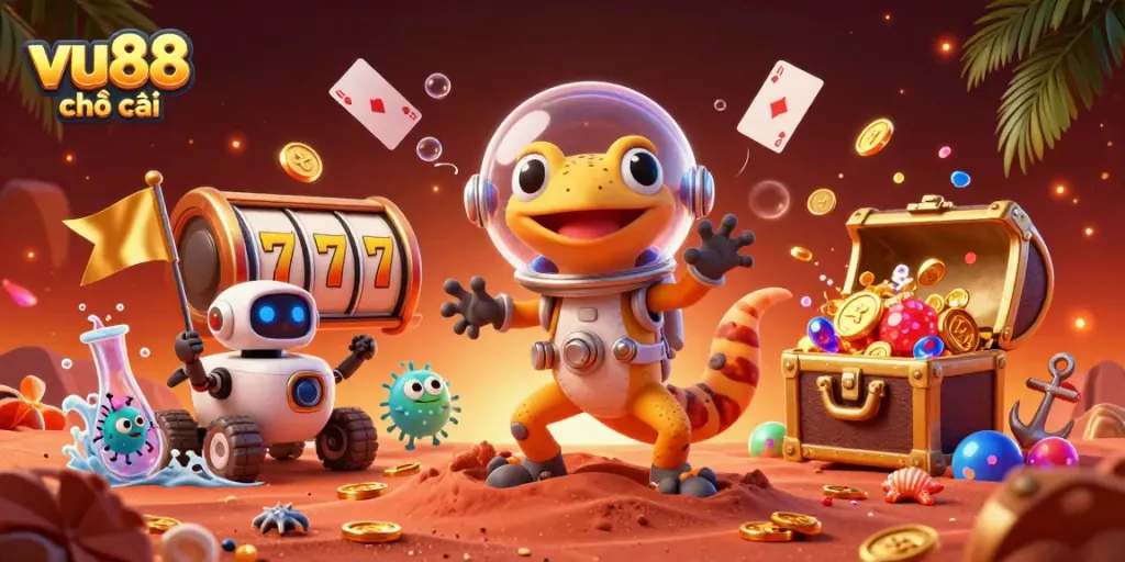 Experience the thrill of vu88 nhà cái as a Martian gecko discovers a hidden casino with treasures.