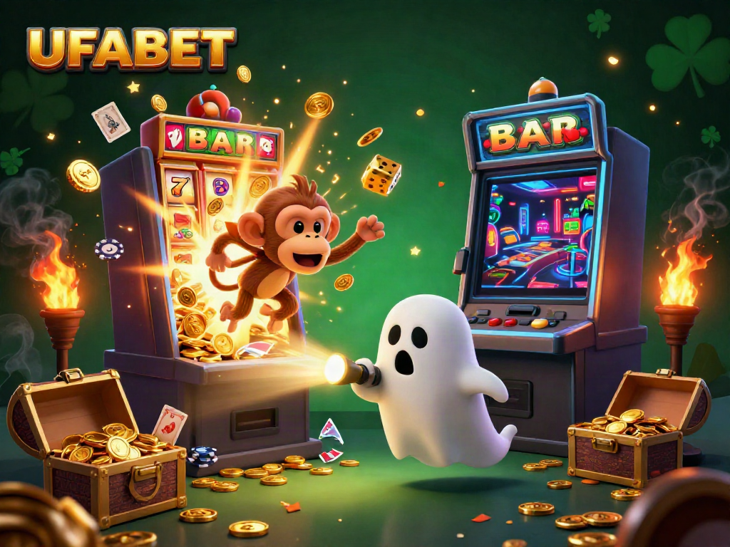 Experience the thrilling excitement of UFABET with a mischievous monkey and ghost-hunter puppy in a dynamic casino scene.