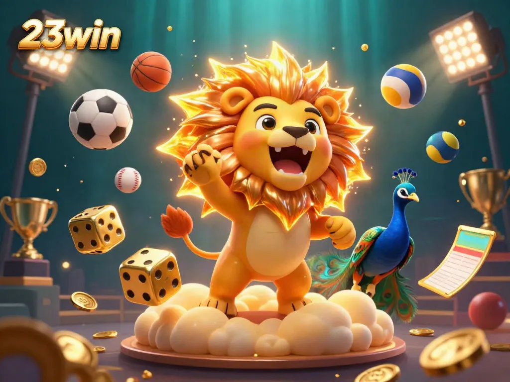 Experience the thrill of 23win with a vibrant 3D illustration of a roaring lion and dynamic gaming elements.