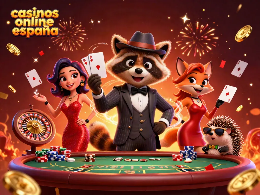 Casinos online España: emocionante escena de póker con personajes animados y premios brillantes.
