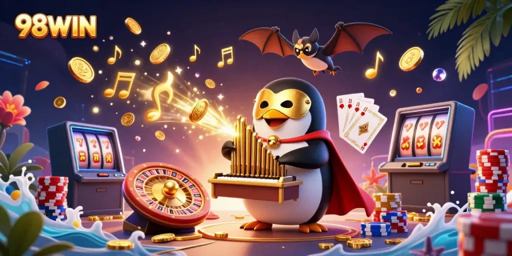 Experience thrilling wins at 98WIN with a vibrant casino scene featuring animated characters and dazzling game elements.