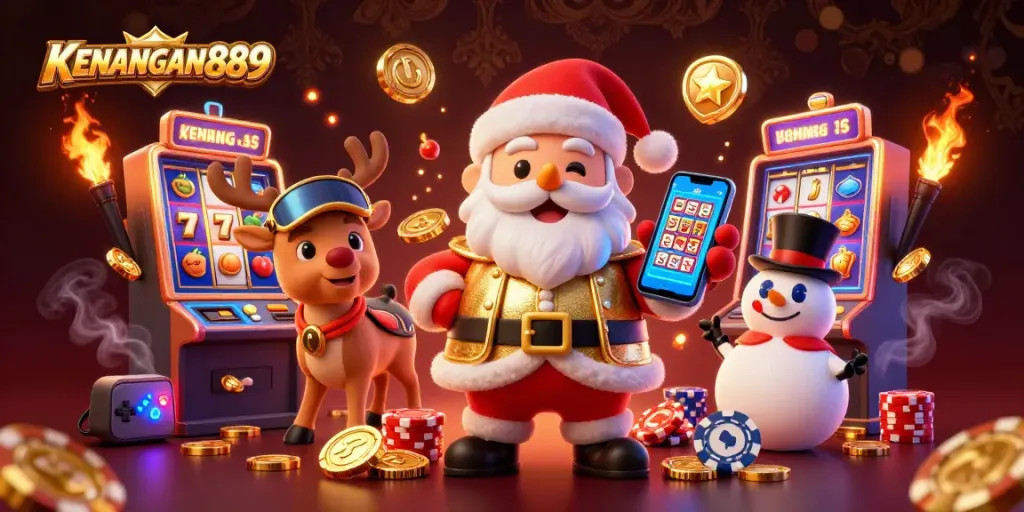 Spin the KENANGAN889 slots with Santa and friends in a vibrant casino atmosphere.