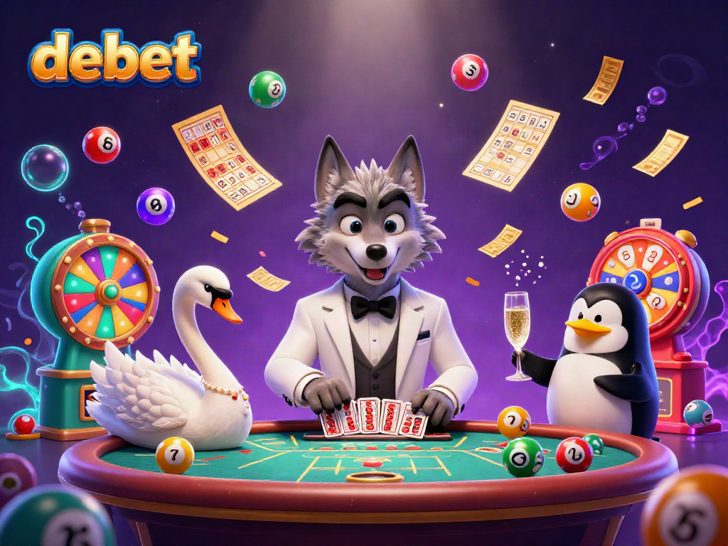 Experience the excitement of debet with lively characters at a casino scene full of vibrant game elements.