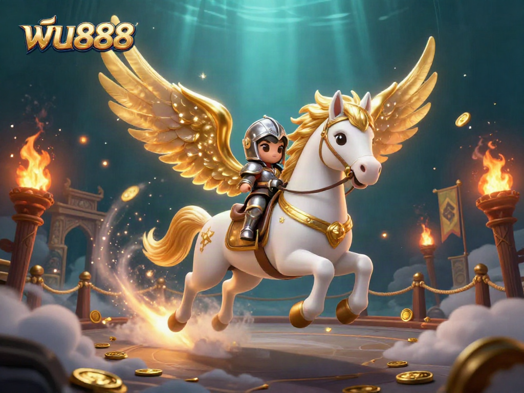 Engage in thrilling gaming action at ฟัน888 with a celestial knight on a sparkling steed amidst a festive gambling arena.