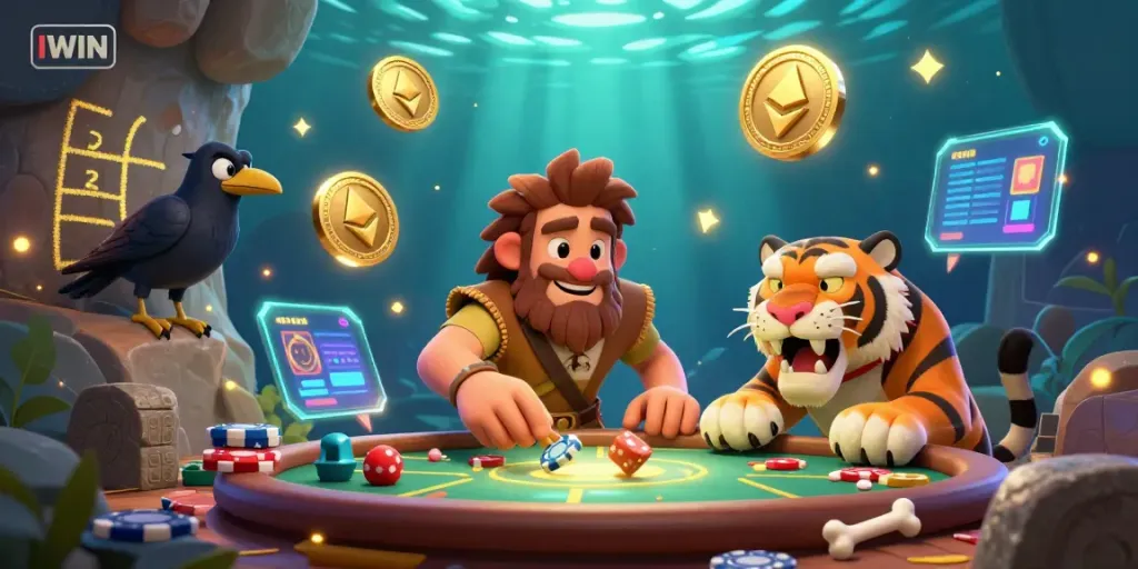 Experience the thrilling world of IWIN as a caveman duo runs a prehistoric casino with glowingly styled crypto coins.