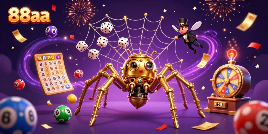 Experience the thrill of 88aa with a golden spider web, poker chips, and bouncing lottery balls!