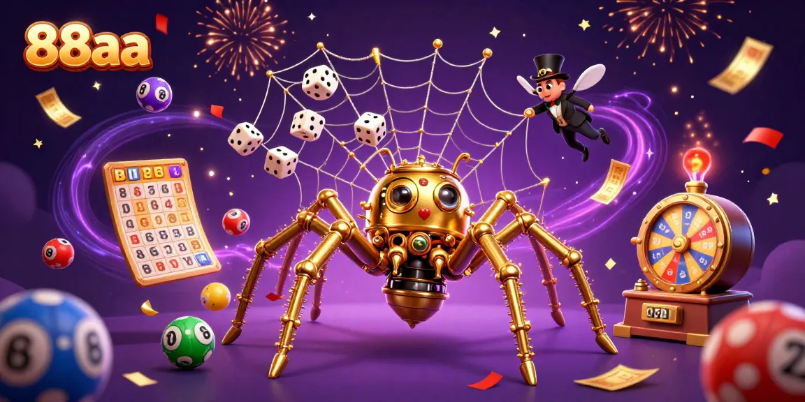 Experience the thrill of 88aa with a golden spider web, poker chips, and bouncing lottery balls!