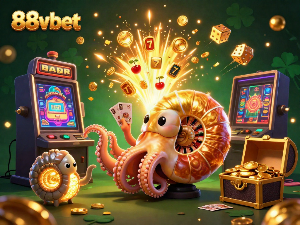 Experience 88vbet’s vibrant casino thrills with a spectacular illustration of gaming elements and a nautilus-themed roulette.