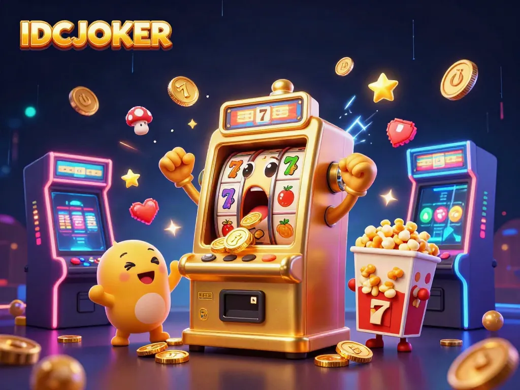 IDCJOKER slot machine hitting a jackpot with cheering baby machines and gold coins scattering.
