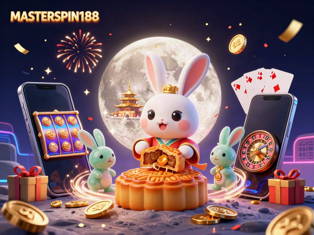 Experience the magic of gaming with MASTERSPIN188 featuring playful lunar characters in a vibrant casino scene.