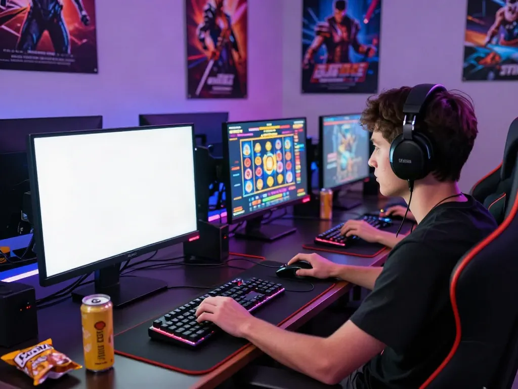 Engaged gamer using the qqmacan link in a vibrant online gaming setup, surrounded by gaming equipment and energy drinks.