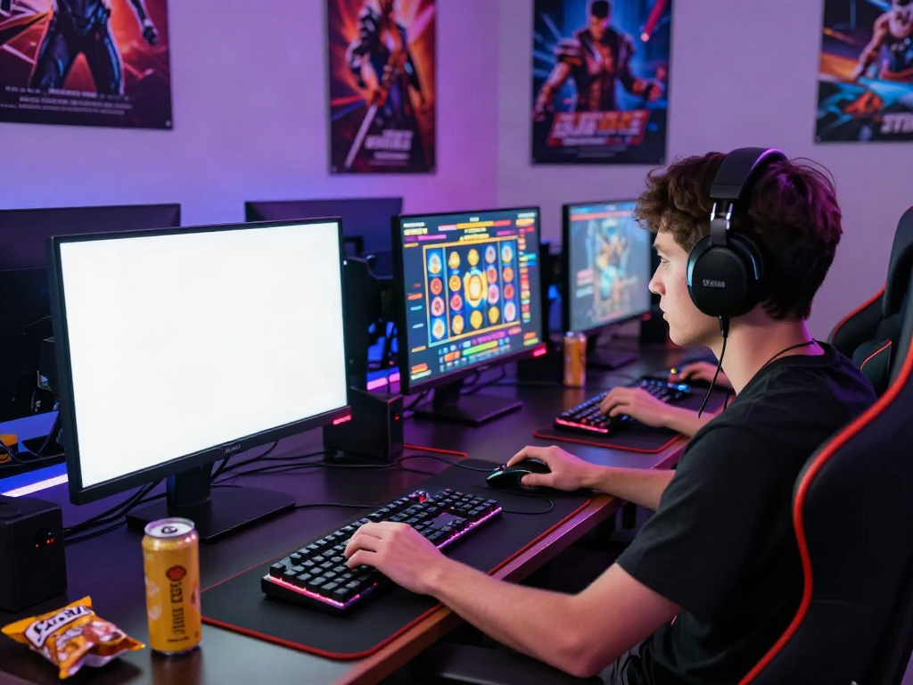 Engaged gamer using the qqmacan link in a vibrant online gaming setup, surrounded by gaming equipment and energy drinks.