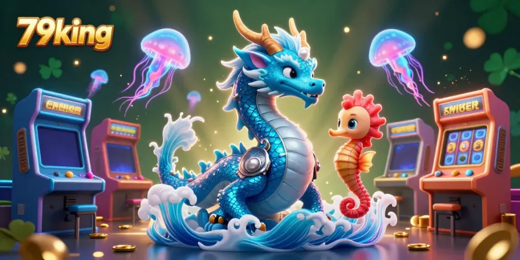 Experience the excitement of 79king with a vibrant scene featuring a water dragon and gaming elements.