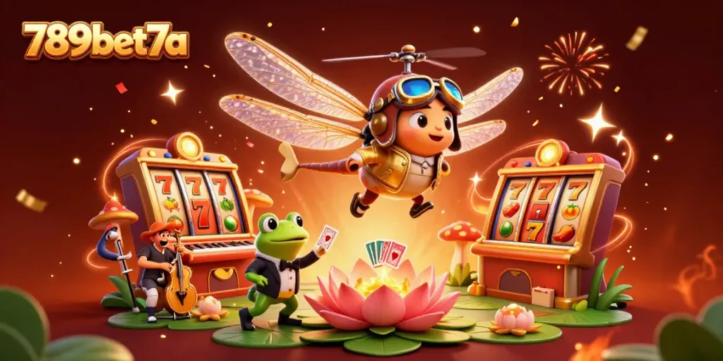 Experience the thrill of 789bet7a with a vibrant 3D casino scene featuring a joyful dragonfly pilot and a frog croupier.