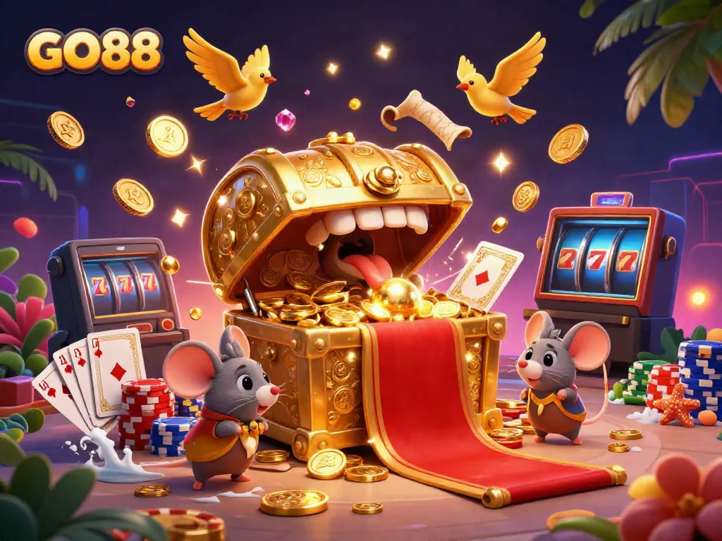 GO88 offers an exciting gambling experience with animated treasure scenes showcasing rich gameplay, dynamic casino elements, and dazzling graphics.
