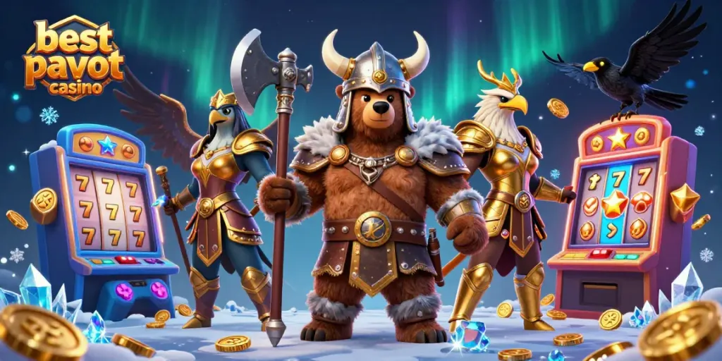 Engage with the best payout casino scene featuring a Viking bear, Valkyrie eagle, and vibrant slot machines.