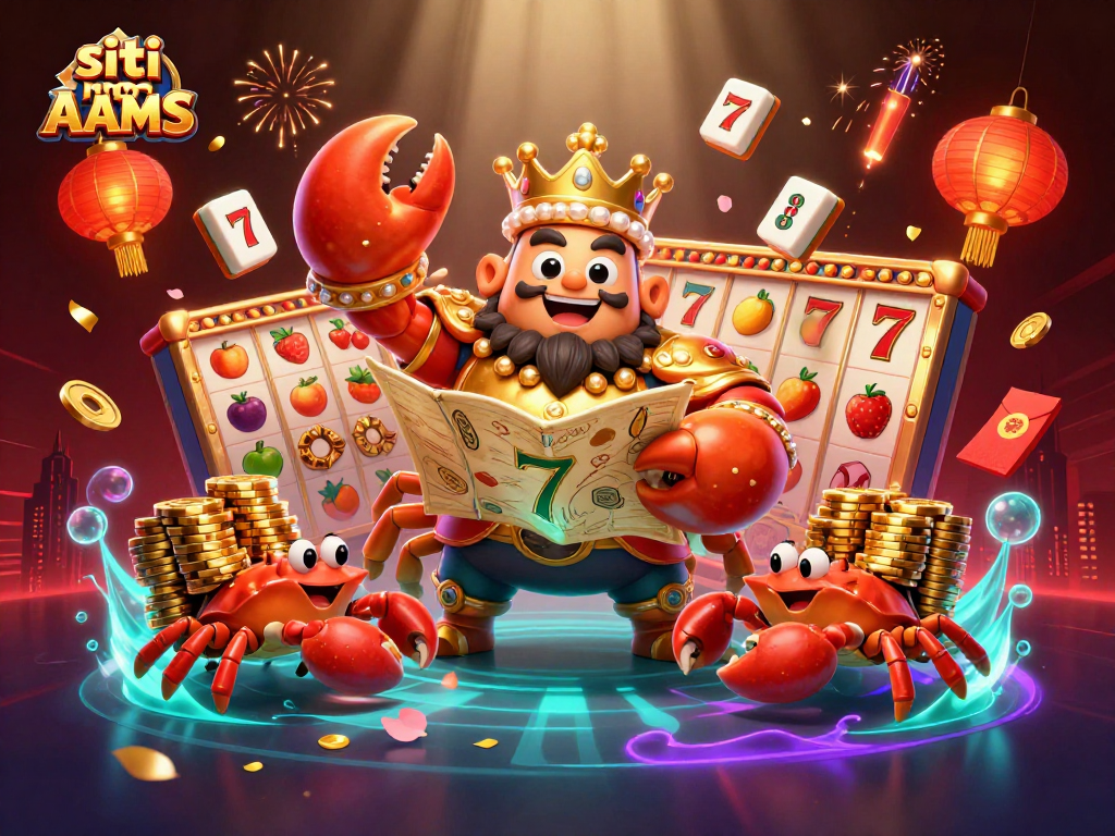 I giocatori scoprono i siti non AAMS con un re granchio imperiale, slot machine e dettagli dorati.
