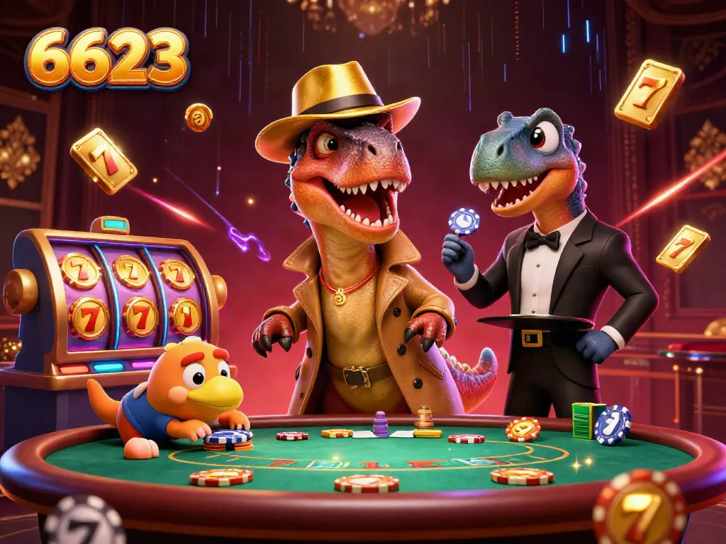 Experience thrilling gameplay at 6623 with a velociraptor enjoying blackjack amidst exciting slots.