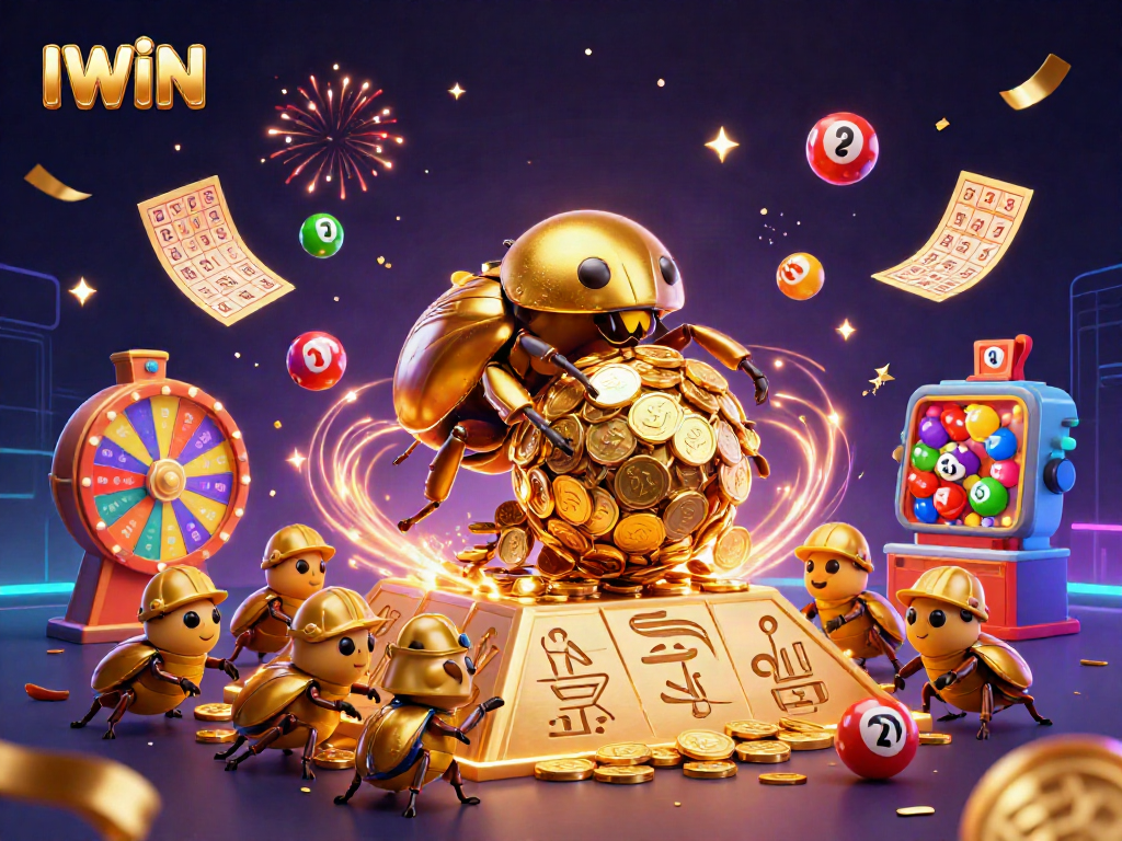 IWIN showcases a vibrant 3D scene with golden beetles and lottery elements capturing the essence of casino fun.