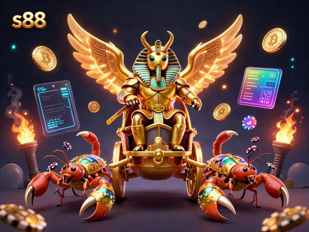 Experience the excitement of s88 with a golden beetle and scorpions in a vibrant casino setting.