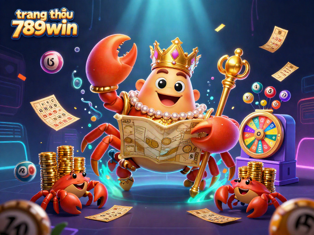 Experience excitement at trang chủ 789win with vibrant lottery elements and the golden crab emperor in a lively scene.