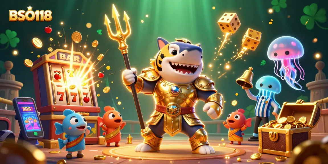 Experience the excitement of BSO118 with a tiger shark and casino treasures in a vibrant underwater scene.