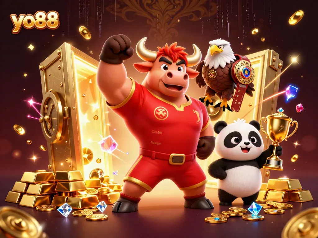Celebrate wins at yo88 with a victorious bull, eagle, and panda amidst treasure!