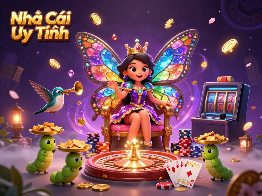 Engage with the vibrant scene of Nhà Cái Uy Tín, showcasing thrilling gambling elements like golden coins and colorful poker chips.