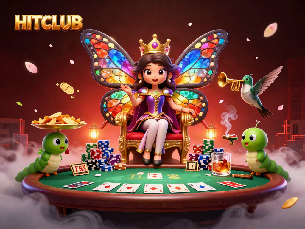 Experience HITCLUB as the butterfly queen presides over an exciting poker game filled with vibrant casino elements.