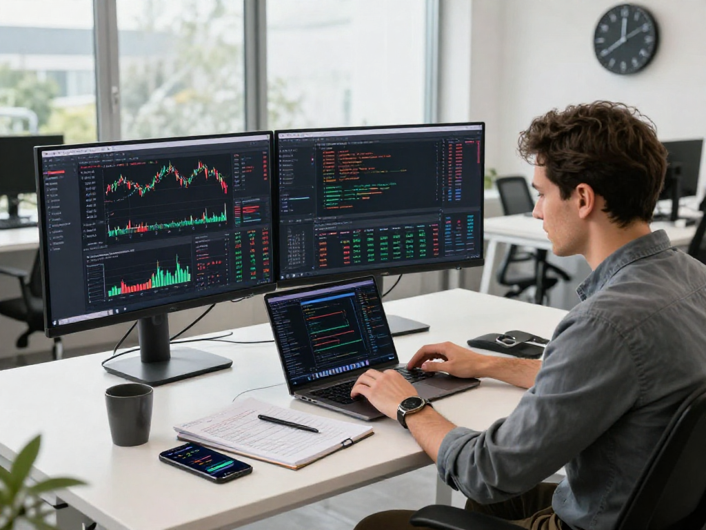 Developer analyzing Germany stock fundamental data API on dual monitors in a modern finance workspace.