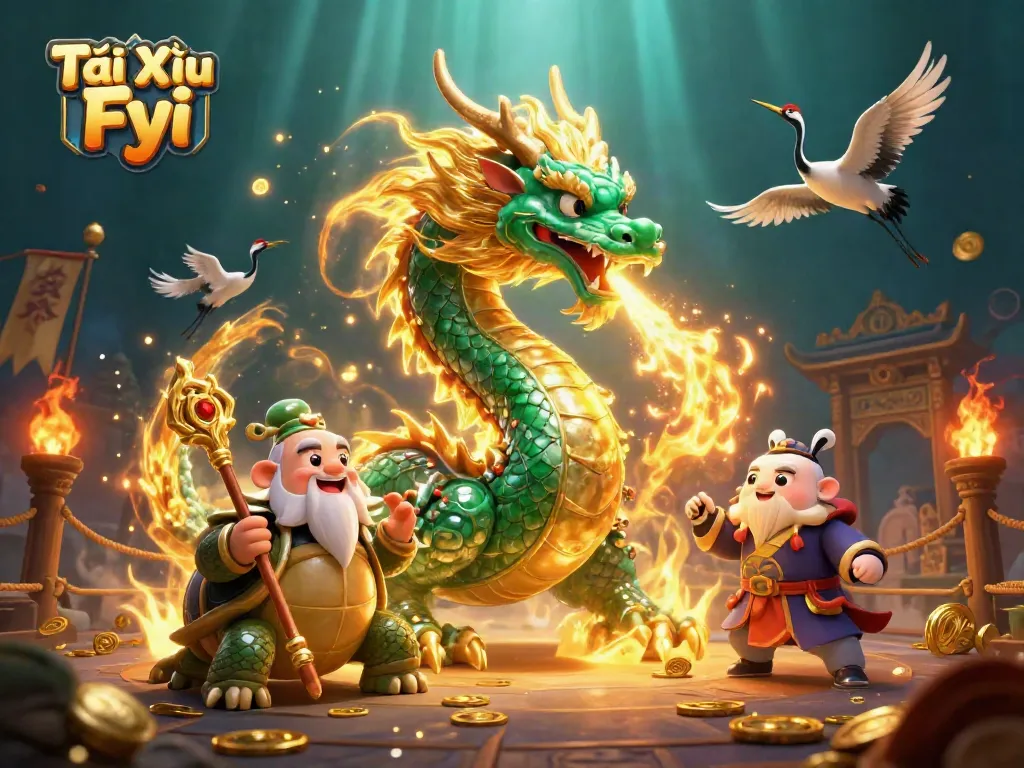 Tài Xỉu Fyi showcases a majestic dragon and turtle sage in a vibrant casino scene brimming with energy.
