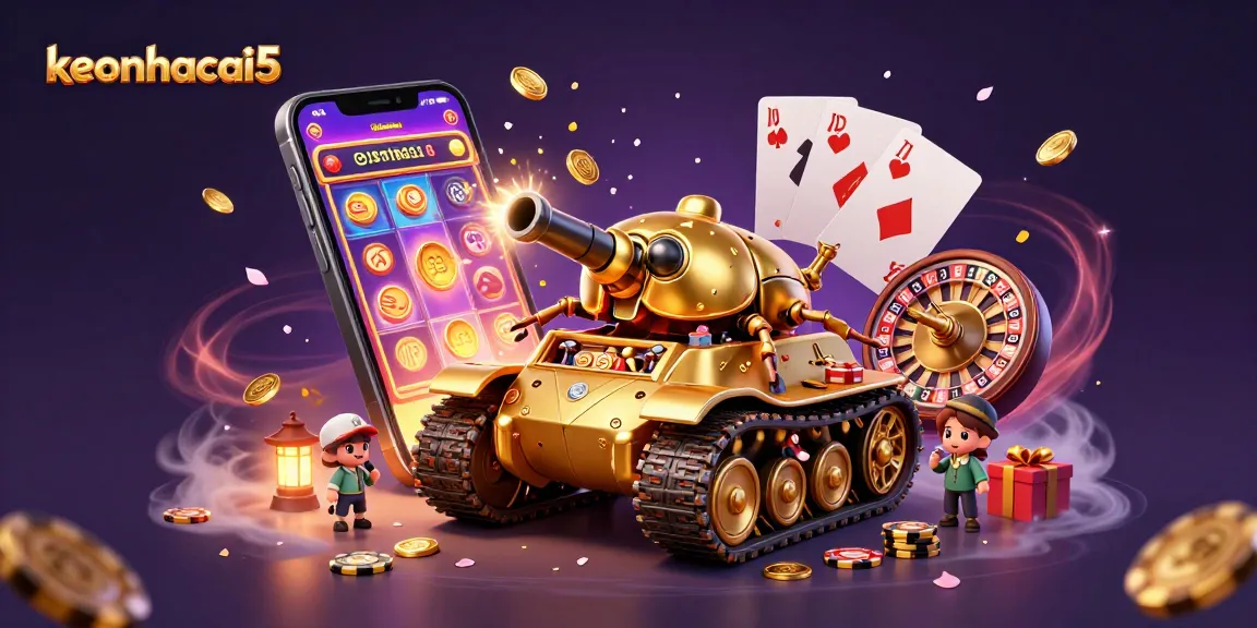 Spin the reels featuring keonhacai5 in a vibrant 3D casino scene with golden coins and confetti.