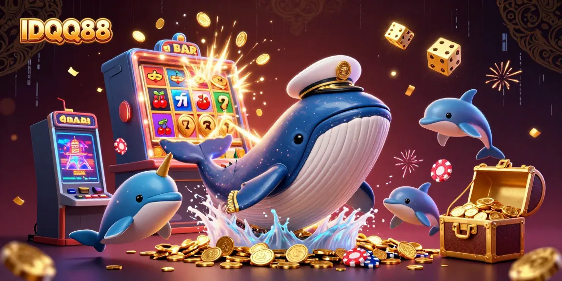 Experience thrilling gameplay with IDQQ88, featuring a whale, narwhal, and dolphins amidst slot gaming excitement.