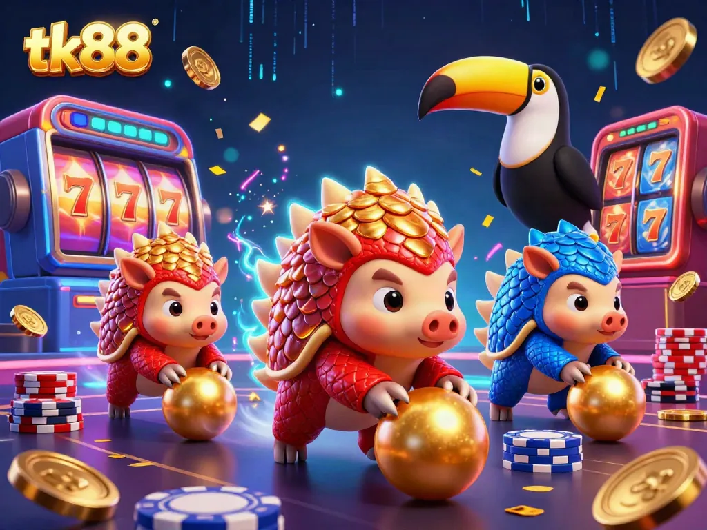 Engaging scene of rival pangolins in casino action with tk88 theme, spinning slots and vibrant gameplay.