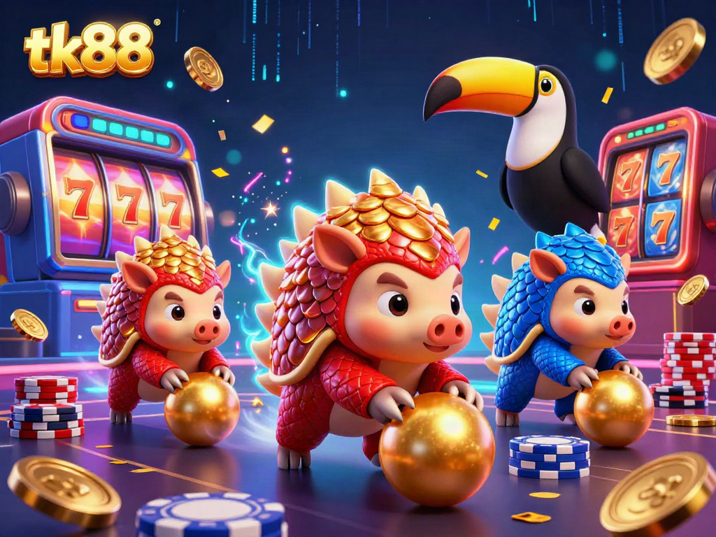 Engaging scene of rival pangolins in casino action with tk88 theme, spinning slots and vibrant gameplay.