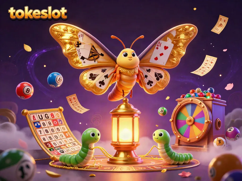 Experience the thrill of tokeslot with vibrant slot game illustrations surrounded by dynamic lottery scenes.