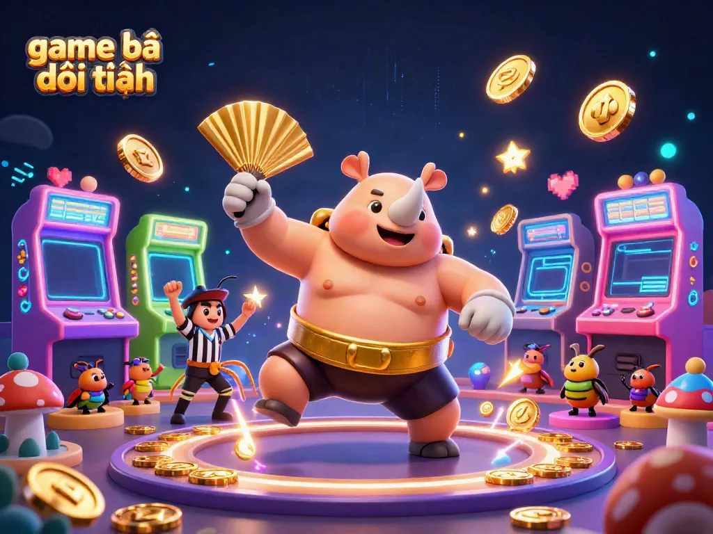 Experience game bài đổi thưởng adventures with a sumo beetle hero amidst arcade excitement and golden coins.